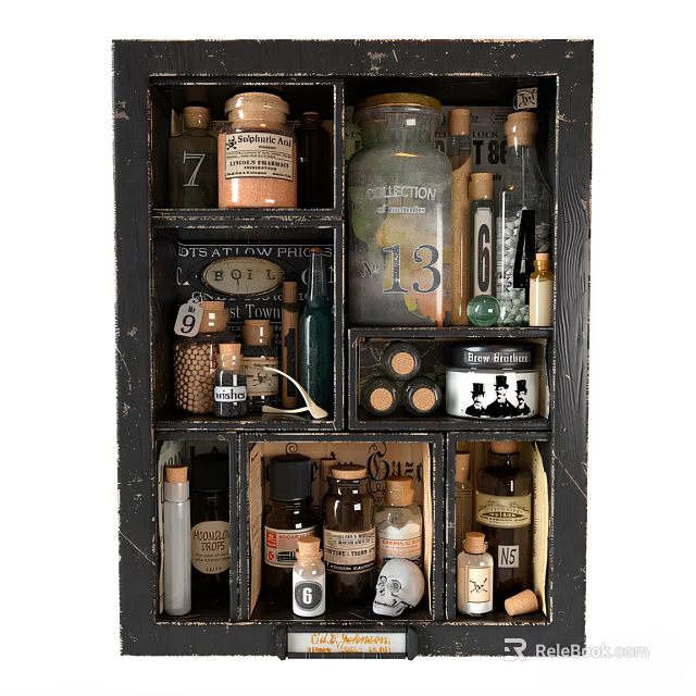 Vintage Decorative Ornament Collection with Wooden Shelf Glass Bottles and Labeled Jars 3d model 