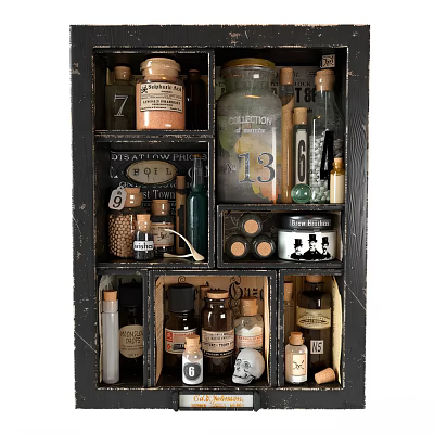 Vintage Decorative Ornament Collection with Wooden Shelf Glass Bottles and Labeled Jars 3d model