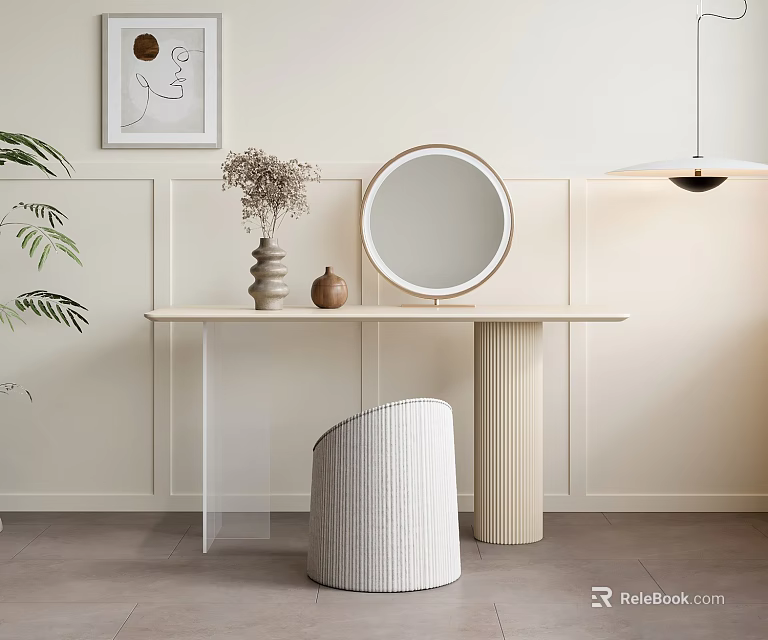 Modern Minimalist Dressing Table Design With Round Mirror Woven Stool And Decorative Vases 3d model