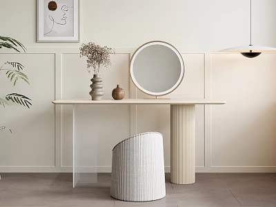 Modern Minimalist Dressing Table Design With Round Mirror Woven Stool And Decorative Vases 3d model