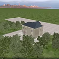 Two Story Detached Villa With Blue Roof Beige Exterior Porch Steps Front Lawn And Trees