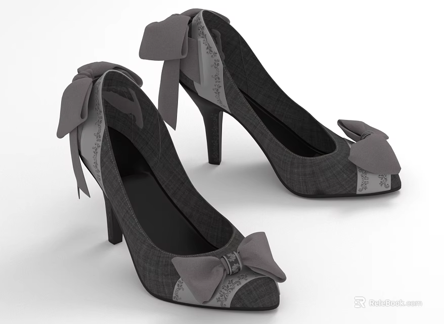 Gray Plaid High Heel Shoes with Bow Accents Elegant Fashion Stiletto Heel Design 3d model 