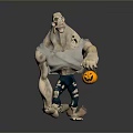 Muscular Cartoon Character In White Tank Top And Torn Blue Pants Holding Pumpkin Lantern