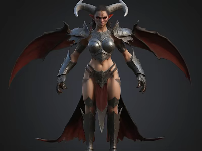 Armored Demon Warrior With Horns Bat Wings And Silver Armor Details 3d model