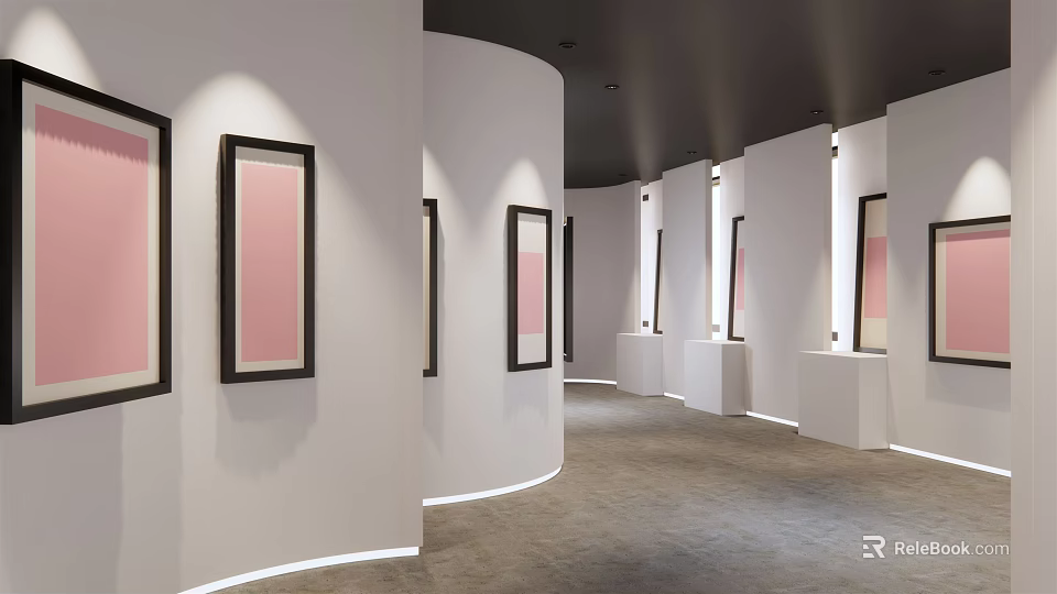 Modern Art Gallery With Curved White Walls Black Framed Pink Artworks And Pedestals 3d model 