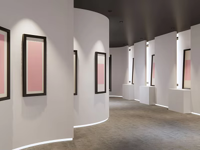 Modern Art Gallery With Curved White Walls Black Framed Pink Artworks And Pedestals 3d model