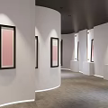 Modern Art Gallery With Curved White Walls Black Framed Pink Artworks And Pedestals