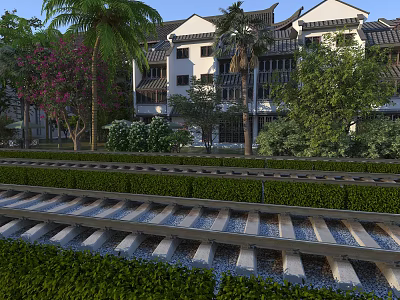 Rail Tracks With Neat Hedges Chinese Style White Buildings Palm Trees And Green Plants 3d model