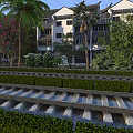 Rail Tracks With Neat Hedges Chinese Style White Buildings Palm Trees And Green Plants