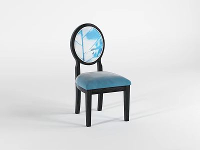 Modern Dining Chair With Round Backrest Blue White Pattern Black Frame And Blue Padded Seat 3d model
