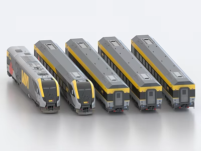 Modern Fleet Of Five Trains With Grey Yellow Exterior Design 3d model