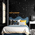 Boy's Room Interior With Starry Black Wall Blue Headboard Desk Yellow Chair And Elephant Toy
