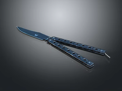 Butterfly Knife With Sharp Blade And Perforated Handle Design On Dark Surface 3d model