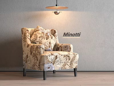Minotti Accent Chair With Floral Pattern Upholstery Under Pendant Light Gray Wall And Wooden Floor 3d model