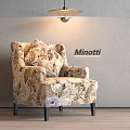 Minotti Accent Chair With Floral Pattern Upholstery Under Pendant Light Gray Wall And Wooden Floor