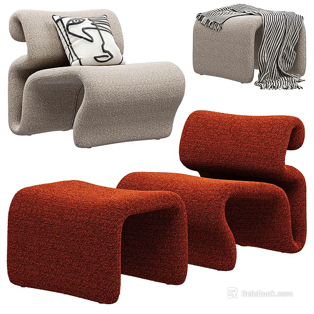 Modern Curved Design Accent Chairs in Gray and Red Textured Fabric with Decorative Pillow 3d model 
