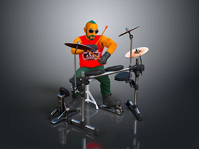 Cartoon Drummer Playing Complete Drum Set With Cymbals Sticks And Stool 3d model