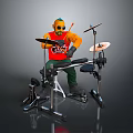 Cartoon Drummer Playing Complete Drum Set With Cymbals Sticks And Stool