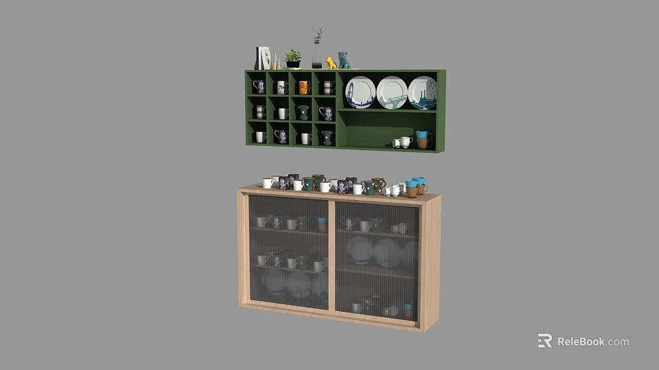 Green Wooden Storage Cabinet Shelf With Glass Door And Dishes Cups Plants Books 3d model 