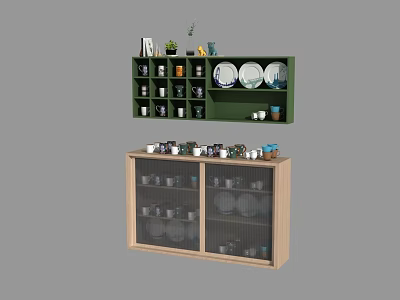 Green Wooden Storage Cabinet Shelf With Glass Door And Dishes Cups Plants Books 3d model