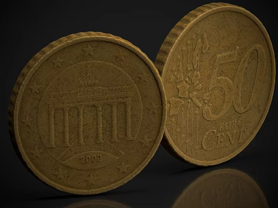 Two Vintage 50 Euro Cent Coins with Brandenburg Gate Design and EU Symbols 3d model