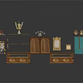 Classical Furniture Display Including Shelves Cabinet Lattice Doors Drawer Chests Golden Decorations And Blue Shelf