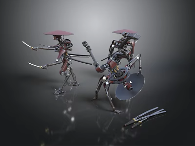 Two Sword Wielding Mechanical Characters With Robotic Bodies And Metal Blades 3d model