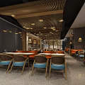 Modern Restaurant Interior With Wooden Ceiling Pendant Lights Landscape Murals And Booth Seating
