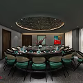 Private Dining Room Interior With Round Table Green Chairs And Chinese Traditional Decor