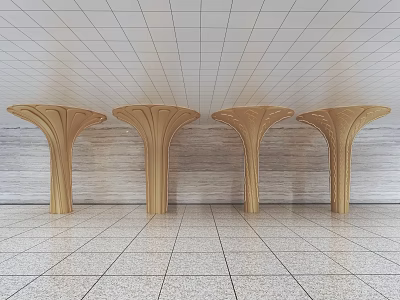 Wooden Columns with Unique Curved Sculptural Design in Minimalist Interior Space 3d model