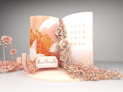 Floral Installation With Book Shaped Backdrop Pink Orange Flowers Sofa And Circular Platform 3d model