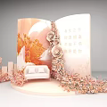Floral Installation With Book Shaped Backdrop Pink Orange Flowers Sofa And Circular Platform