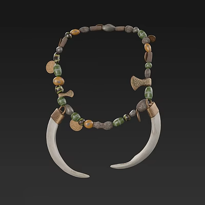 Exotic Tribal Necklace Featuring Tusk Pendants Mixed Green Brown Beads And Metal Accents 3d model