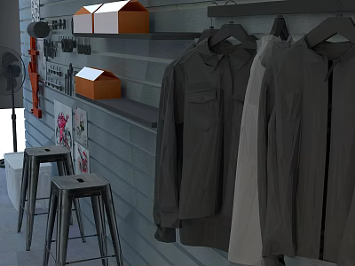 Gray Wall Retail Display With Hanging Shirts Orange Boxes And Stools 3d model