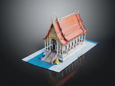 Ancient Thai Temple Model With Red Roof Golden Decorations Columns Stairs And Blue Base 3d model