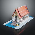 Ancient Thai Temple Model With Red Roof Golden Decorations Columns Stairs And Blue Base