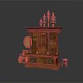 Antique Wooden Cabinet Featuring Round Mirror Glass Shade Candle Holders And Wheeled Cart