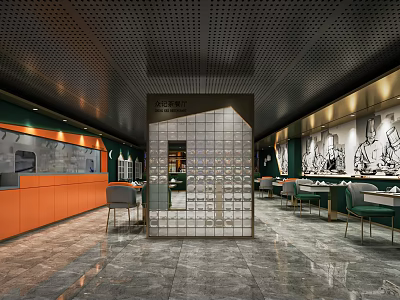 Elegant Modern Restaurant Interior With Glass Partition Orange Cabinetry Green Chairs And Marble Floor 3d model