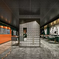 Elegant Modern Restaurant Interior With Glass Partition Orange Cabinetry Green Chairs And Marble Floor