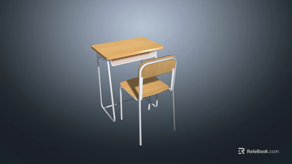 Wooden Desk And Chair Set With Metal Frame For Home Study Room 3d model 