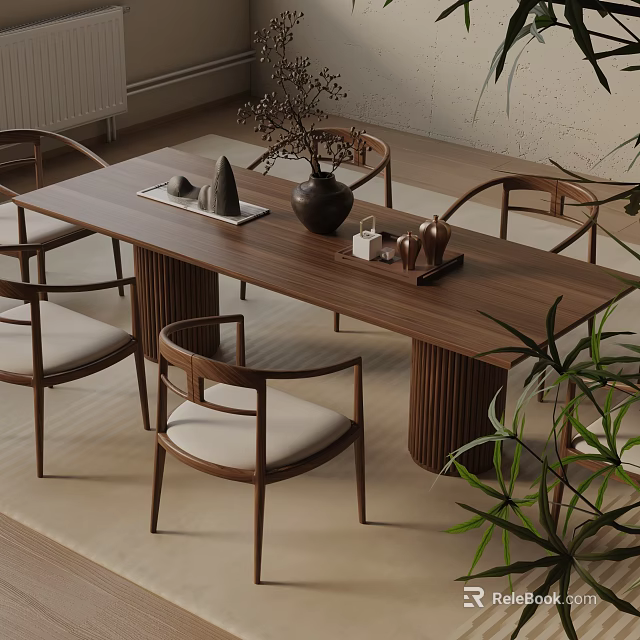 Modern Dining Table Set with Armchairs Beige Cushions Striped Legs Vase Dried Flowers Green Plants 3d model 