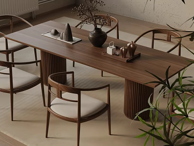 Modern Dining Table Set with Armchairs Beige Cushions Striped Legs Vase Dried Flowers Green Plants 3d model