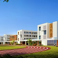 Modern School Classroom Buildings With Red Running Track And Green Lawn