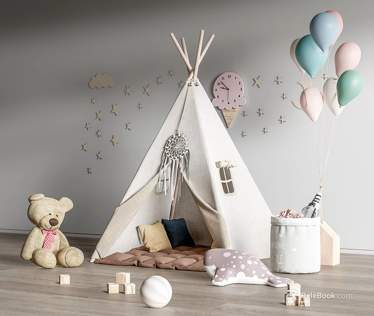 Cozy Kids Teepee Tent with Teddy Bear Balloons Star Cloud Wall Decorations and Pillows 3d model 