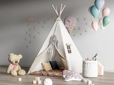 Cozy Kids Teepee Tent with Teddy Bear Balloons Star Cloud Wall Decorations and Pillows 3d model