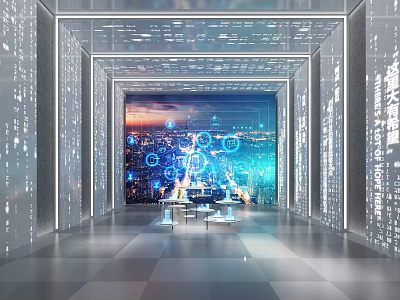 Modern Tech Hall Interior With Data Visualization Floor to Ceiling Windows And Conference Table 3d model