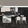 Modern Open Concept Kitchen Interior With Marble Island Cabinets And Dining Chairs 3d model