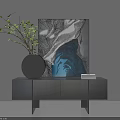 Modern Minimalist Entryway Console Cabinet With Gray Surface Potted Plant And Artwork