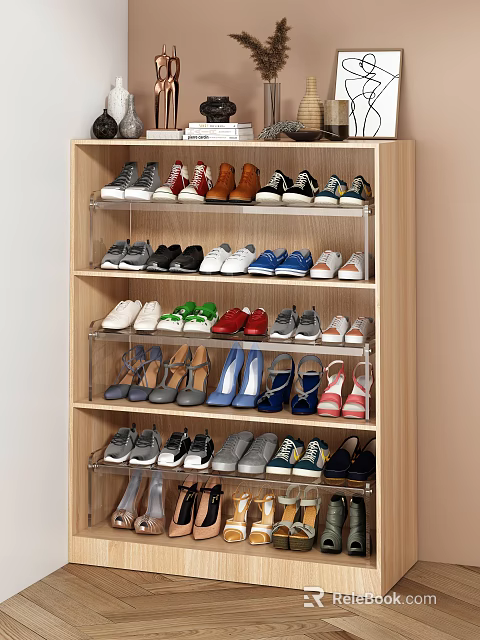 Wooden Shoe Cabinet With Multiple Open Shelves Design For Organizing Various Footwear Neatly 3d model 