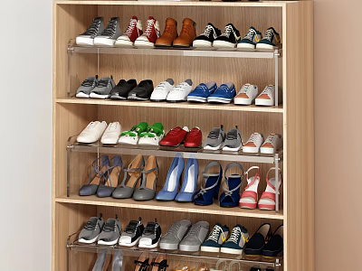 Wooden Shoe Cabinet With Multiple Open Shelves Design For Organizing Various Footwear Neatly 3d model